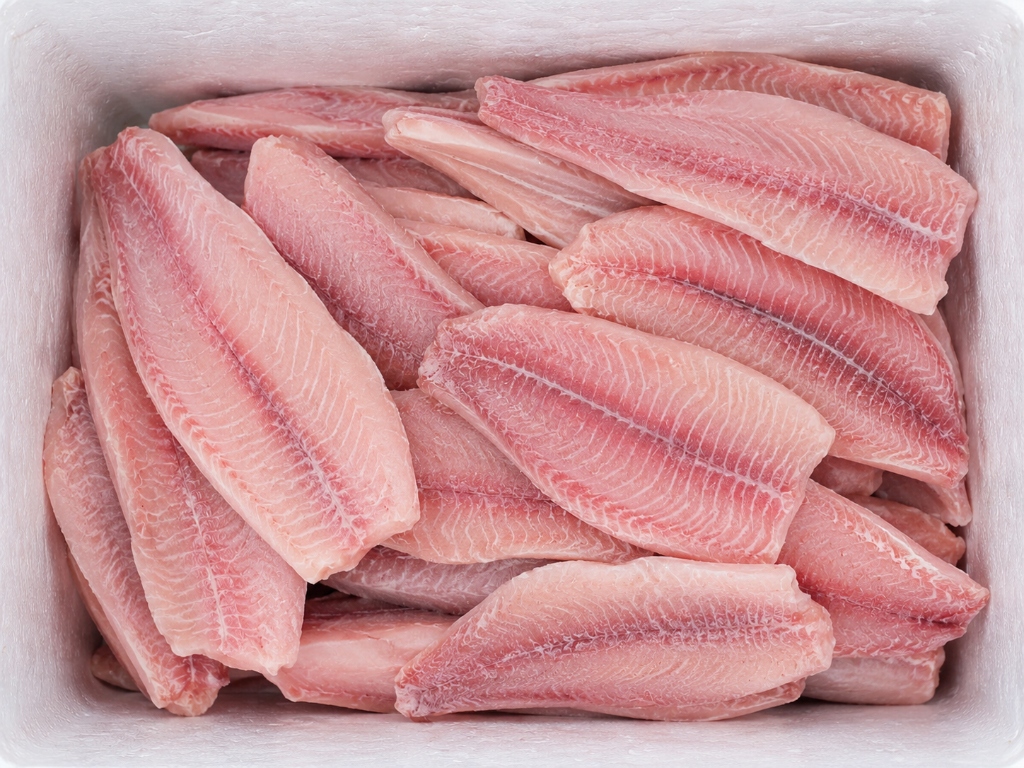 Top-down view of fresh Basa fillets packed in styrofoam