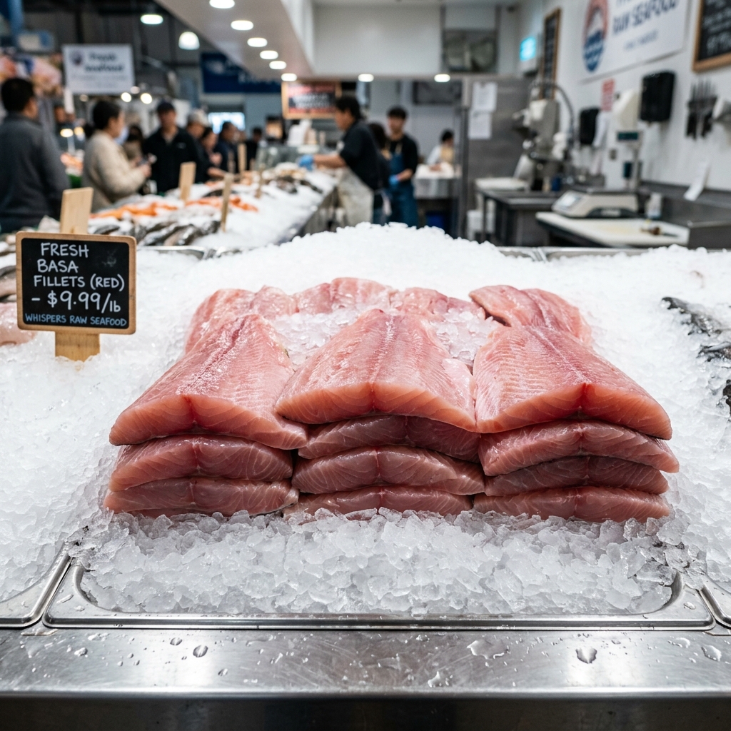 Cleaned fish fillets on ice display